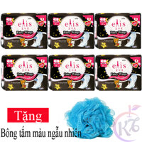 Combo 6 bịch Băng vệ sinh Elis Fairy Wings Ban Đêm gói 5 miếng - dài 35cm Có Cánh Tặng 1 bông tắm màu ngẫu nhiên