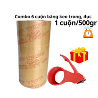 Combo 6 cuộn băng keo trong, đục 500gr kèm dao cắt băng keo, mỗi cuộn nặng 500gr, rộng 4,7cm, lõi giấy 5mm,1 cây 6 cuộn