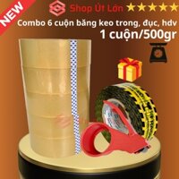Combo 6 cuộn băng keo trong, đục 500gr kèm 1 cuộn băng keo hàng dễ vỡ 500gr và dao cắt băng keo - Siêu Thị Băng Keo