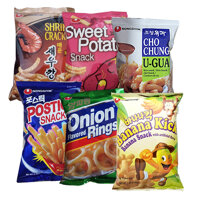 Combo 6 gói snack Nongshim: chuối Banana Kicks 45g, hành Onion Rings 50g, U-Gua 80g, khoai tây Postick 70g, tôm Shrimp Cracker 75g, khoai lang Sweet Potato 55g