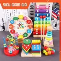 Combo 6 món đồ chơi gỗ cho bé. đồng hồ, đàn, tháp,luồn, sâu, thả khối