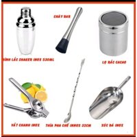 Combo 6 món dụng cụ pha chế inox cao cấp:Bình lắc inox 500ml, Chày dầm, Kẹp chanh,Xúc đá, Thìa 32cm, Lọ rắc bột.