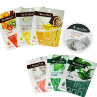 Combo 7 mặt nạ Avander 1 hũ mặt nạ đất sét trắng   6 Mặt na giấy Trà Xanh, Ngọc Trai, Nha đam, Trái cây, Ốc sên, collagen