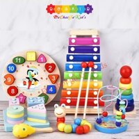 Combo 7 món đồ chơi cho bé phát triển trí tuệ (Đàn gỗ, tháp gỗ, luồn hạt, sâu gỗ, đồng hồ gỗ, thả hình 4 trụ, lục lạc)