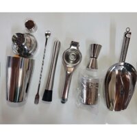 COMBO 7 MÓN DỤNG CỤ PHA CHẾ quán ba, quán trà sữa : bình lắc+muỗng +chày bar+ép chanh+zích đong+rắc cacao+ xúc đá