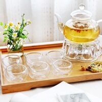 COMBO ấm chén thuỷ tinh (Ấm trà vồng có lọc, khay gỗ, chén, đế nến uống trà hoa, uống trà sang chảnh