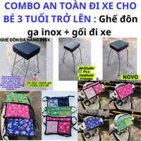 Combo an toàn đi xe máy cho bé từ 3 tuổi , ghế đôn ga inox yên nệm đen + gối đi xe hoạt hình
