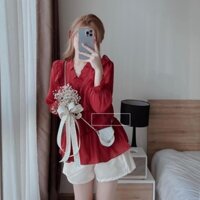 Combo áo babydoll kiểu xếp tầng cổ V viền bèo phối quần short trắng lưng thun Frozenhouse