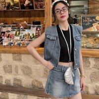 Combo áo đen sát nách phối áo khoác jeans croptop ghile kèm chân váy jeans Frozen