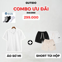 Combo Áo Sơ Mi Nam Cộc Tay Vải Linen Gân Local Brand Và Quần Short Unisex Túi Hộp Kaki GUTIDO