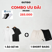 Combo Áo Sơ Mi Nam Ngắn Tay Vải Linen Gân Và Quần Short Unisex Kaki Basic Trên Gối Trẻ Trung GUTIDO
