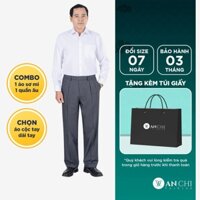 Combo áo sơ mi sợi tre trắng & quần âu 2 ly đốm 2025 xanh đen trung niên ANCHI - CB01