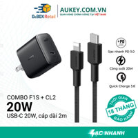 Combo AUKEY Bộ Củ Sạc Nhanh PA-F1S Power Delivery 20W, Dây Cáp Sạc CB-CL2 Dài 2m bện Nylon - Hàng chính hãng