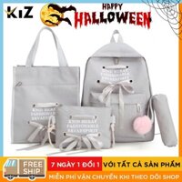 Combo Balo hoạ tiết nơ dễ thương phong cách hàn quốc hai màu xám và đen tặng kèm túi đeo chéo, túi tote, hộp bút cao cấp