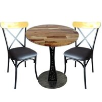 Combo Bàn Cafe Tròn 60cm Gỗ Tràm Và 2 Ghế Nệm Lưng Tựa CBCF075
