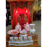 COMBO Bàn Thờ Thần Tài Ông Địa giá rẻ đẹp gỗ Xoan Cao 60,ngang 40,Bộ Combo 9 món - Đồ Thờ Thắng Duyên Đại Phát