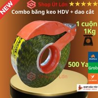 Combo Băng keo hàng dễ vỡ 500yard kèm dao cắt băng keo, nặng 1kg, rộng 4,7cm, lõi giấy 5mm