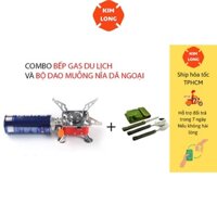 Combo Bếp Gas Du Lịch Mini Và Bộ Dao Muỗng Nĩa Xếp Gọn Tặng Kèm Túi Đựng