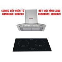 Combo Bếp từ đôi Sunhouse SHB9101 Máy hút mùi kính cong Sunhouse SHB6629, Hàng chính hãng - Bảo hành tại nhà