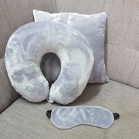 combo bộ 3 món, gối tựa lưng văn phòng, gối kệ cổ chữ u có dây treo và nút bấm, miếng che mắt ngủ văn phòng - xám