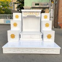 Combo Bộ bàn kê gỗ sồi, Bàn thờ thần tài ông địa gỗ Sồi sơn trắng thếp vàng chữ Tài Lộc ngang 48cm và bục tam cấp
