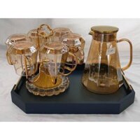 COMBO BỘ BÌNH CỐC THỦY TINH CHỊU NHIỆT VÂN SỌC KÈM ÚP CỐC INOX VÀ KHAY GỖ  KHAY XANH GIAO NGẪU NHIÊN