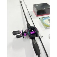 Combo bộ cần câu lure máy ngang Spin Rice, Bắt cá 1-3kg ( máy ngang Tian Ánh Tím kèm dây + nhái + khóa link )