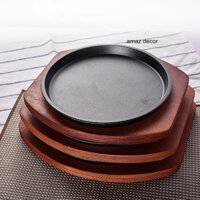 Combo bộ chảo gang chống dính đen tròn + đế gỗ ăn bánh mỳ chảo bò né bít tết chuyên đồ nướng đổ bánh xèo