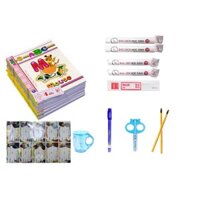 Combo bộ dụng cụ học tập gồm 10 quyển tập 96 trang 4 ôly,2 xấp nhãn,2 cuộn giấy kiếng bao sách,2 cuộn giấy kiếng bao tập