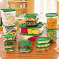 COMBO Bộ Hộp Nhựa 17 Món Cao Cấp Dùng Được Lò Vi Sóng Kèm Nắp Đậy Màu Xanh - Tặng 1 phễu rót nước, thức ăn   màu ngẫu nhiên
