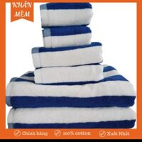 Combo bộ khăn tắm trắng sọc xanh siêu to 60/1m2 cotton