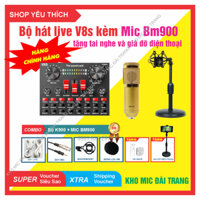 Combo Bộ míc thu âm BM900 và Card V8S bluetooth chuyên dụng hát live stream Tặng giá đỡ điện thoại, giá đỡ mic