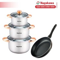 COMBO Bộ nồi inox 304 bếp từ 4 đáy Nagakawa NAG1306 và chảo chống dính NAG2001