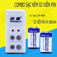 Combo Bộ sạc pin DP-B09 và 02 viên pin vuông 6F22 9V-280mAh chính hãng Doublepow