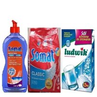 Combo Bộ Sản Phẩm Bột Rửa Bát Somat + Nước Bóng Somat + Muối Ludwik 1,5kg