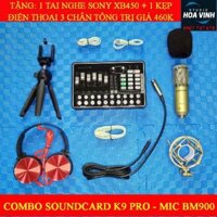 Combo bộ thu âm hát livestream Sound card K9 + Mic BM900 + Tặng kẹp điện thoại, tai nghe