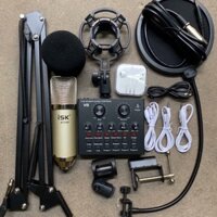 Combo Bộ Thu Âm Mic isk AT350-Sound card v8 kèm phụ kiện chân kẹp màng lọc và tai phone bảo hành 06 tháng