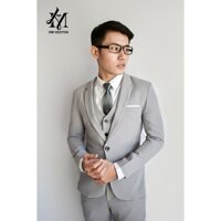 Combo bộ vest nam ôm body màu xám ghi (áo vest + quần tây + áo gile) tặng kèm cà vạt nơ