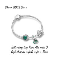 COMBO BỘ VÒNG TAY PAN ALE MIX 3 HẠT CHARM CỎ BỐN LÁ BẠC S925 THUẦN KHIẾT HÀNG CAO CẤP