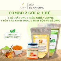 Combo Bột Trà Xanh Hữu Cơ 500g Và Tinh Bột Nghệ 200g Với Hũ Mật Ong 200ml Levi Cải Thiện Da Có Tặng Kèm Muỗng Cọ