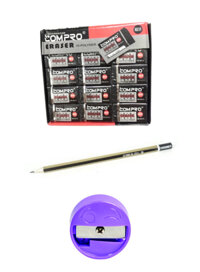 Combo Bút Chì 2B ABC Không Tẩy + Tẩy Gôm Màu Đen Bút Chì 2B Siêu Sạch + Đồ Chuốt (Bộ 3 Món)