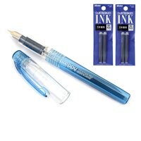 Combo bút máy học sinh Preppy Platinum Nhật Bản cỡ 02 và 2 túi ống mực Platinum - Vỏ xanh mực xanh đen