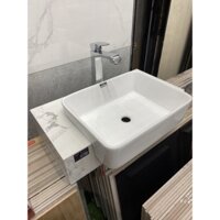 Combo chậu lavabo rửa mặt bán âm chữ nhật + vòi nóng lạnh + bàn đá trắng khói cho nhà vệ sinh nhỏ