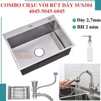 Combo chậu rửa bát 1 hố inox 304 Valenza dày 2,7li vòi rửa bát rút dây 02 bộ xả rổ inox gác chậu bình xà phòng