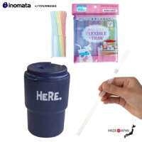 Combo cốc giữ nhiệt có nắp xoay Here 320ml  set 150 chiếc ống hút 5x180mm - made in Japan - Xanh Navy