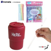 Combo cốc giữ nhiệt có nắp xoay Here 320ml  set 150 chiếc ống hút 5x180mm - made in Japan - Màu đỏ