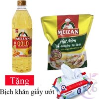 Combo Dầu ăn Meizan Gold chai 1 lít + bịch hạt nêm Meizan 1.8kg Tặng 1 bịch khăn giấy ướt 80 tờ - dầu ăn cao cấp 1L DATE