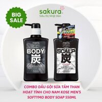 Combo Dầu Gội Sữa Tắm Than Hoạt Tính Cho Nam Kose Men’S Softymo Body Soap 550ml x 2 - Hàng Nhật nội địa