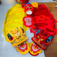 Combo Đầu lân mẫu Sài Gòn,quần,ông địa,quạt cho bé tù 7-11 tuổi,ĐUÔI LÂN DÀI KIM SA,hai mắt sáng nháy cho be chơi truthu