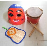 Combo đầu ông địa + trống lân (gồm quạt và 2 dùi)